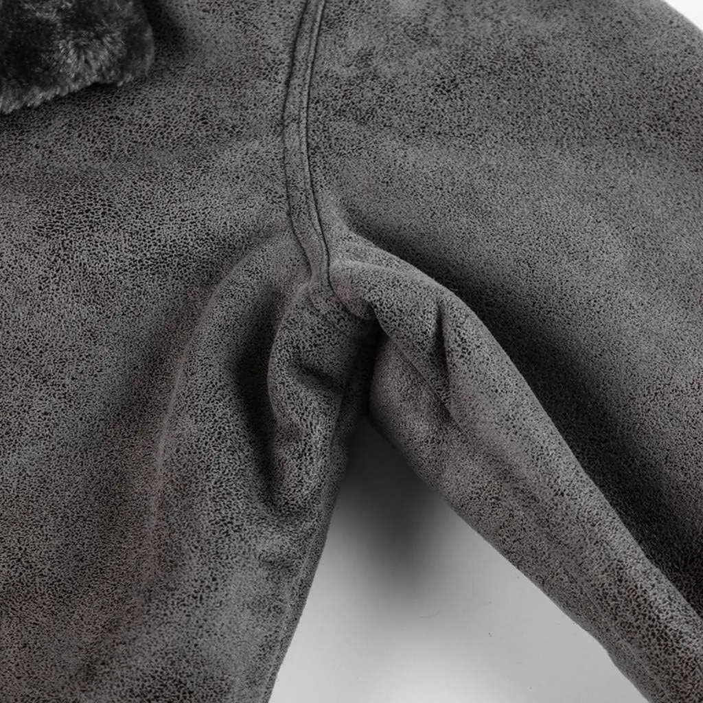 Mens Faux Fur Collar Leather Jacket Vintage Lapel Solid Motorcycle Leather Outwear Winter Fleece Lined Thick Warm Coat Jacket