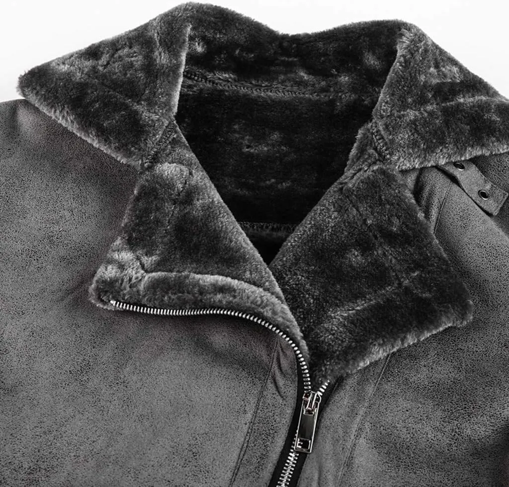 Mens Faux Fur Collar Leather Jacket Vintage Lapel Solid Motorcycle Leather Outwear Winter Fleece Lined Thick Warm Coat Jacket