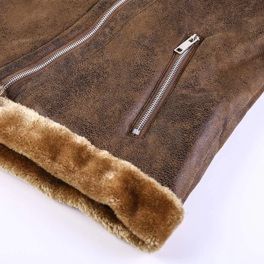 Mens Faux Fur Collar Leather Jacket Vintage Lapel Solid Motorcycle Leather Outwear Winter Fleece Lined Thick Warm Coat Jacket