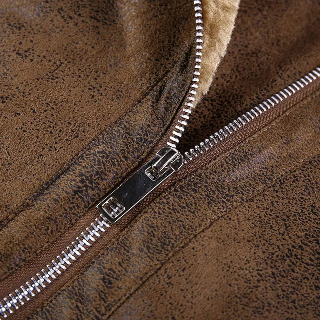 Mens Faux Fur Collar Leather Jacket Vintage Lapel Solid Motorcycle Leather Outwear Winter Fleece Lined Thick Warm Coat Jacket