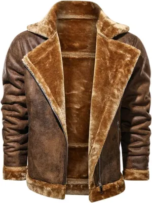 Mens Faux Fur Collar Leather Jacket Vintage Lapel Solid Motorcycle Leather Outwear Winter Fleece Lined Thick Warm Coat Jacket