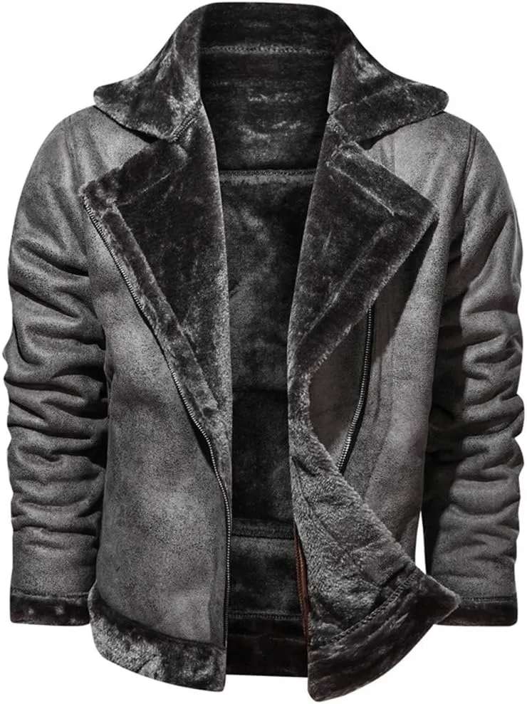 Mens Faux Fur Collar Leather Jacket Vintage Lapel Solid Motorcycle Leather Outwear Winter Fleece Lined Thick Warm Coat Jacket
