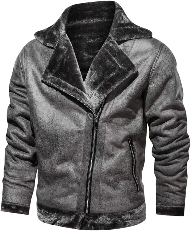 Mens Faux Fur Collar Leather Jacket Vintage Lapel Solid Motorcycle Leather Outwear Winter Fleece Lined Thick Warm Coat Jacket