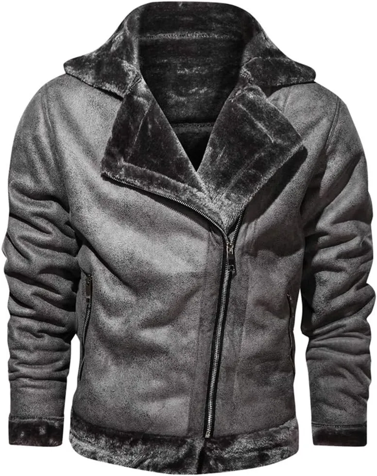 Mens Faux Fur Collar Leather Jacket Vintage Lapel Solid Motorcycle Leather Outwear Winter Fleece Lined Thick Warm Coat Jacket