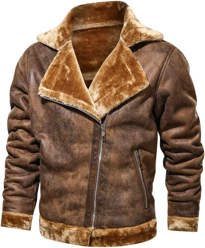 Mens Faux Fur Collar Leather Jacket Vintage Lapel Solid Motorcycle Leather Outwear Winter Fleece Lined Thick Warm Coat Jacket