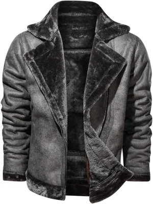 Mens Faux Fur Collar Leather Jacket Vintage Lapel Solid Motorcycle Leather Outwear Winter Fleece Lined Thick Warm Coat Jacket