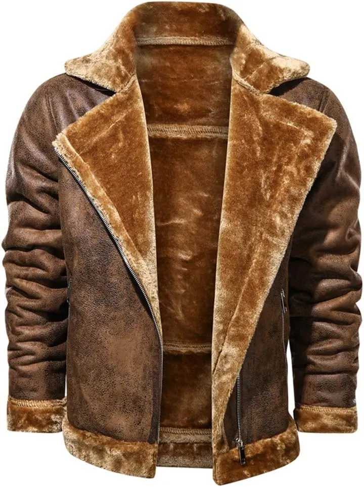 Mens Faux Fur Collar Leather Jacket Vintage Lapel Solid Motorcycle Leather Outwear Winter Fleece Lined Thick Warm Coat Jacket