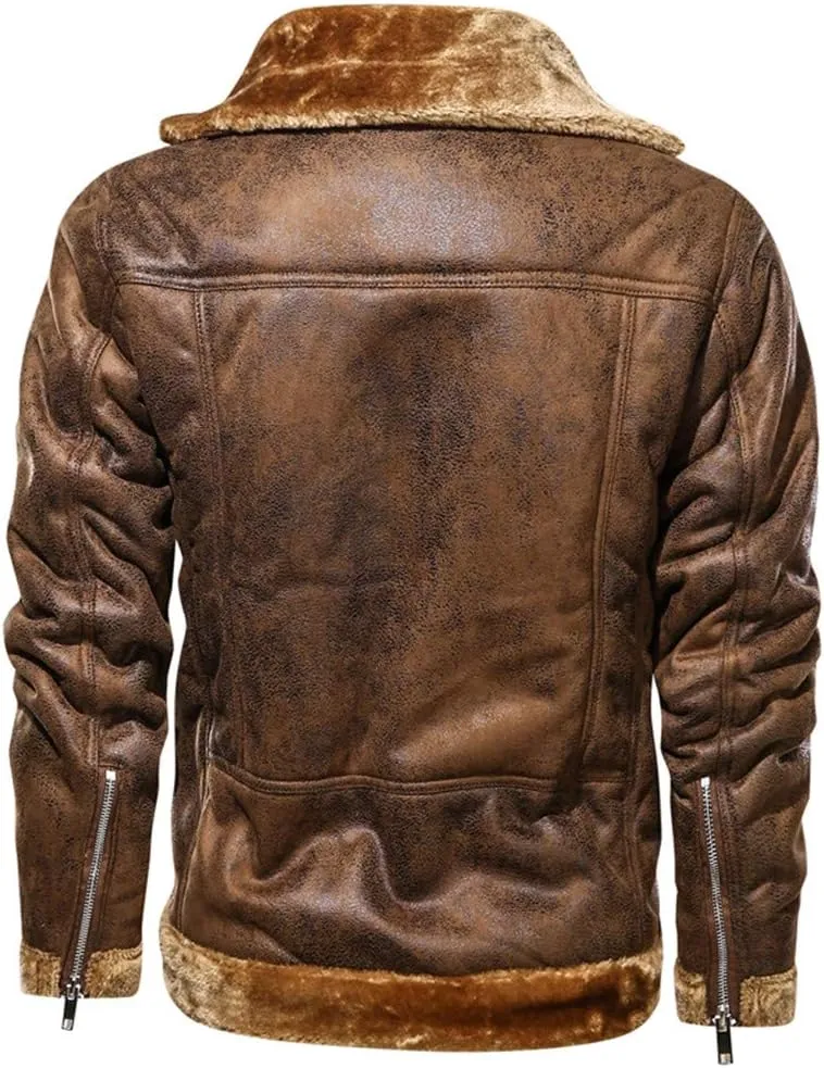 Mens Faux Fur Collar Leather Jacket Vintage Lapel Solid Motorcycle Leather Outwear Winter Fleece Lined Thick Warm Coat Jacket