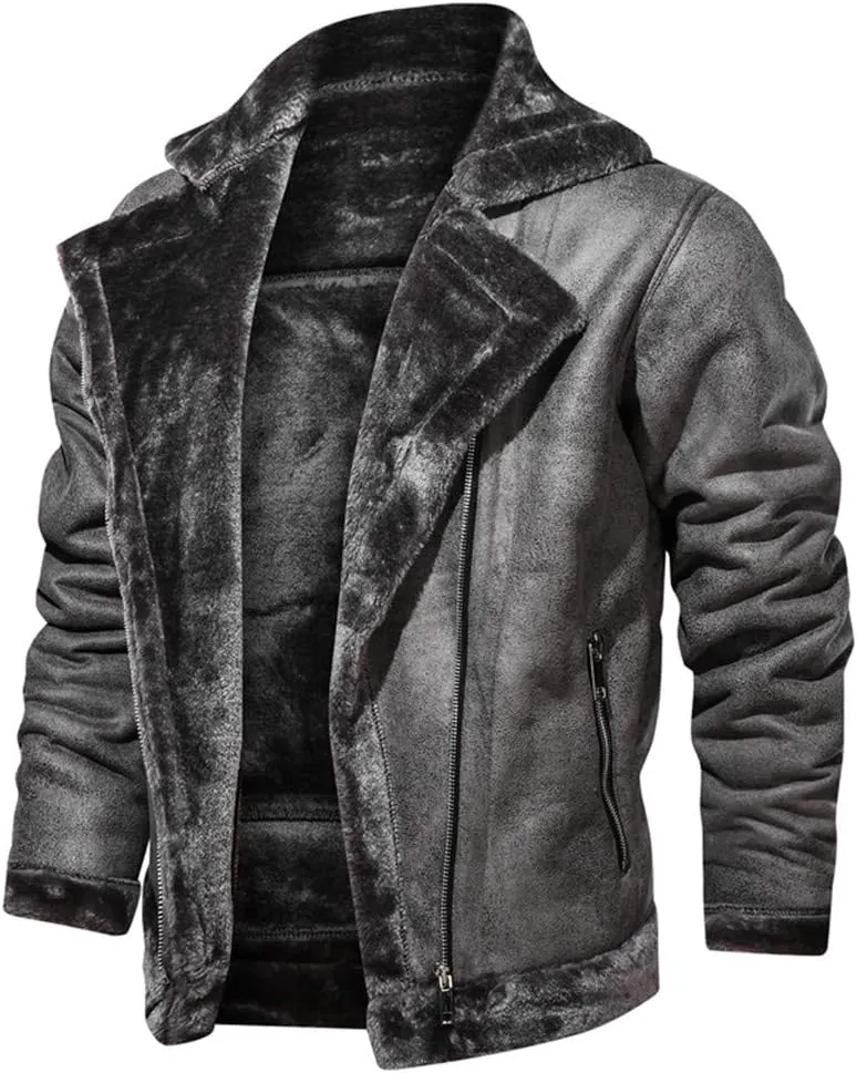 Mens Faux Fur Collar Leather Jacket Vintage Lapel Solid Motorcycle Leather Outwear Winter Fleece Lined Thick Warm Coat Jacket