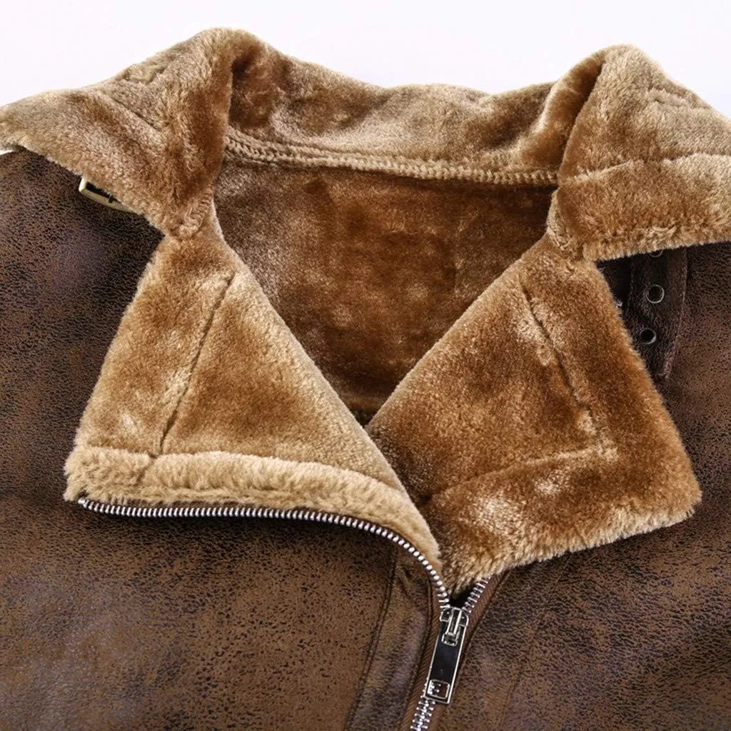 Mens Faux Fur Collar Leather Jacket Vintage Lapel Solid Motorcycle Leather Outwear Winter Fleece Lined Thick Warm Coat Jacket