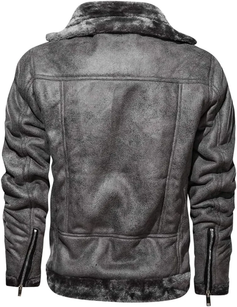 Mens Faux Fur Collar Leather Jacket Vintage Lapel Solid Motorcycle Leather Outwear Winter Fleece Lined Thick Warm Coat Jacket