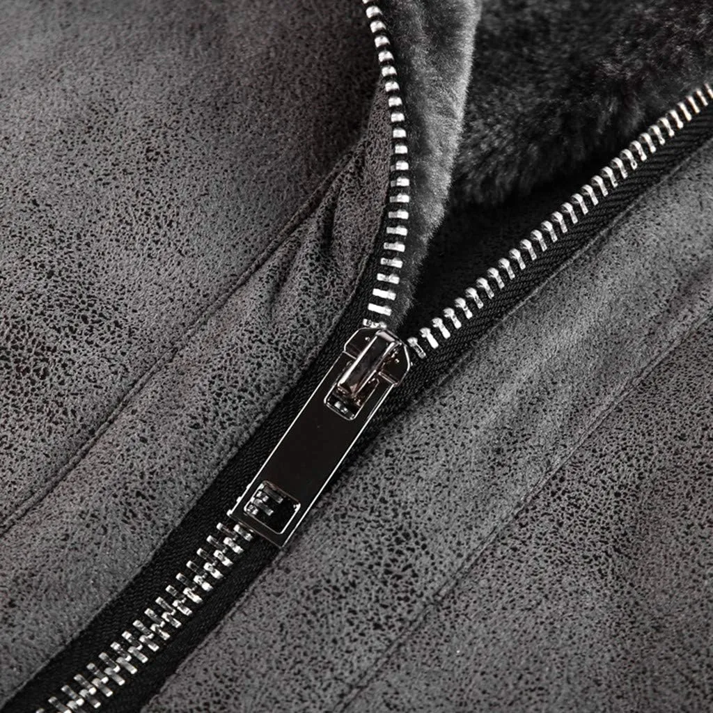 Mens Faux Fur Collar Leather Jacket Vintage Lapel Solid Motorcycle Leather Outwear Winter Fleece Lined Thick Warm Coat Jacket