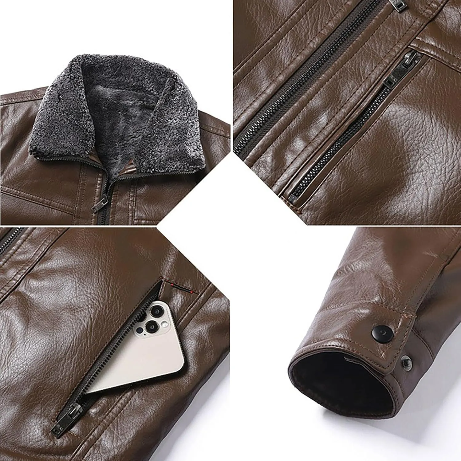 Mens Faux Leather Bomber Jackets Sherpa Fleece Lined Motorcycle Biker Jackets Turn-Down Collar Winter Warm Coats