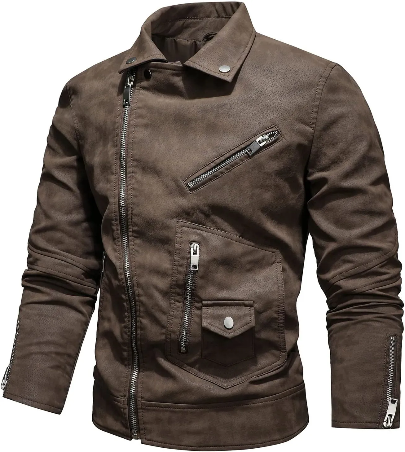 Mens Faux Leather Jacket PU Leather Retro Zip-Up Stylish Motorcycle Biker Jacket Long Sleeve Steampunk Coat