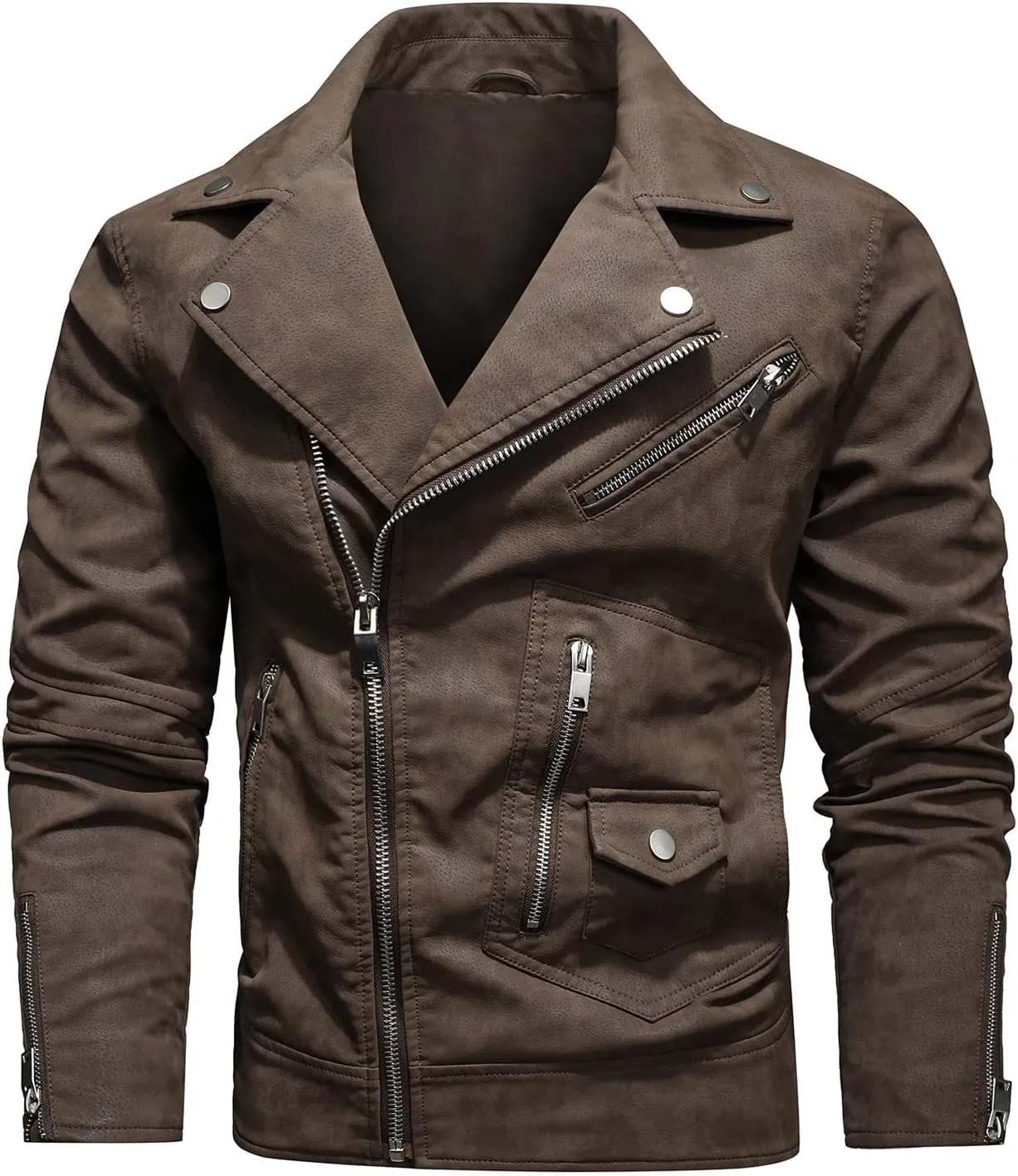 Mens Faux Leather Jacket PU Leather Retro Zip-Up Stylish Motorcycle Biker Jacket Long Sleeve Steampunk Coat