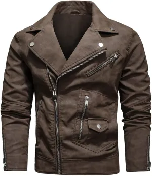 Mens Faux Leather Jacket PU Leather Retro Zip-Up Stylish Motorcycle Biker Jacket Long Sleeve Steampunk Coat
