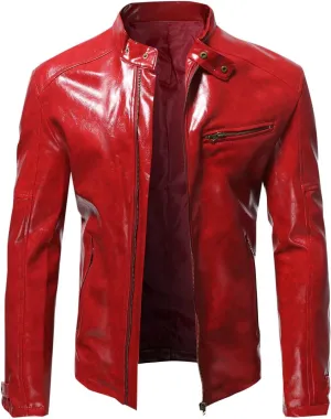 Men's Faux Leather Jackets Stand Collar PU Leather Motorcycle Zipper Coat Biker Windbreaker with Multiple Pockets
