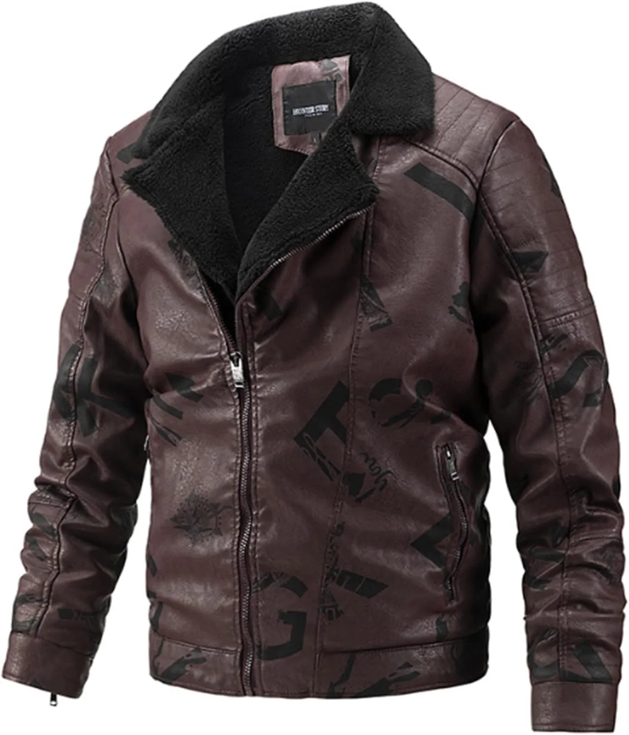 Men's Faux Leather Sherpa Bomber Jacket Lapel Zip-Up Fleece Lined Leather Motorcycle Jackets Casual Warm Winter Coats