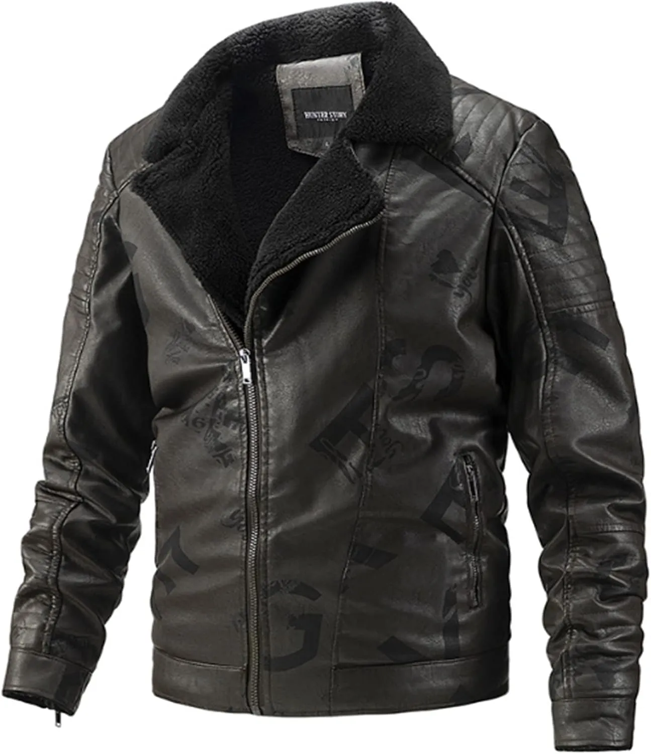 Men's Faux Leather Sherpa Bomber Jacket Lapel Zip-Up Fleece Lined Leather Motorcycle Jackets Casual Warm Winter Coats