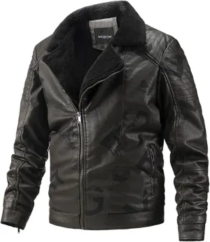 Men's Faux Leather Sherpa Bomber Jacket Lapel Zip-Up Fleece Lined Leather Motorcycle Jackets Casual Warm Winter Coats