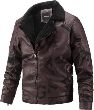 Men's Faux Leather Sherpa Bomber Jacket Lapel Zip-Up Fleece Lined Leather Motorcycle Jackets Casual Warm Winter Coats