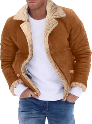 Mens Faux Shearling Jacket Suede Leather Crop Trench Coat Winter Sheepskin PU Leather Sherpa Lined Bomber Jacket