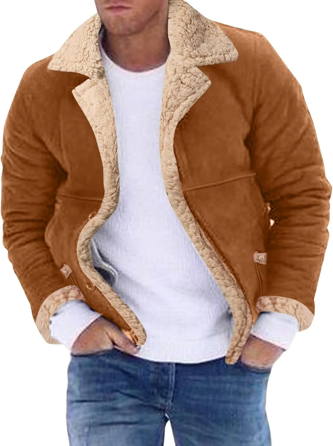 Mens Faux Shearling Jacket Suede Leather Crop Trench Coat Winter Sheepskin PU Leather Sherpa Lined Bomber Jacket