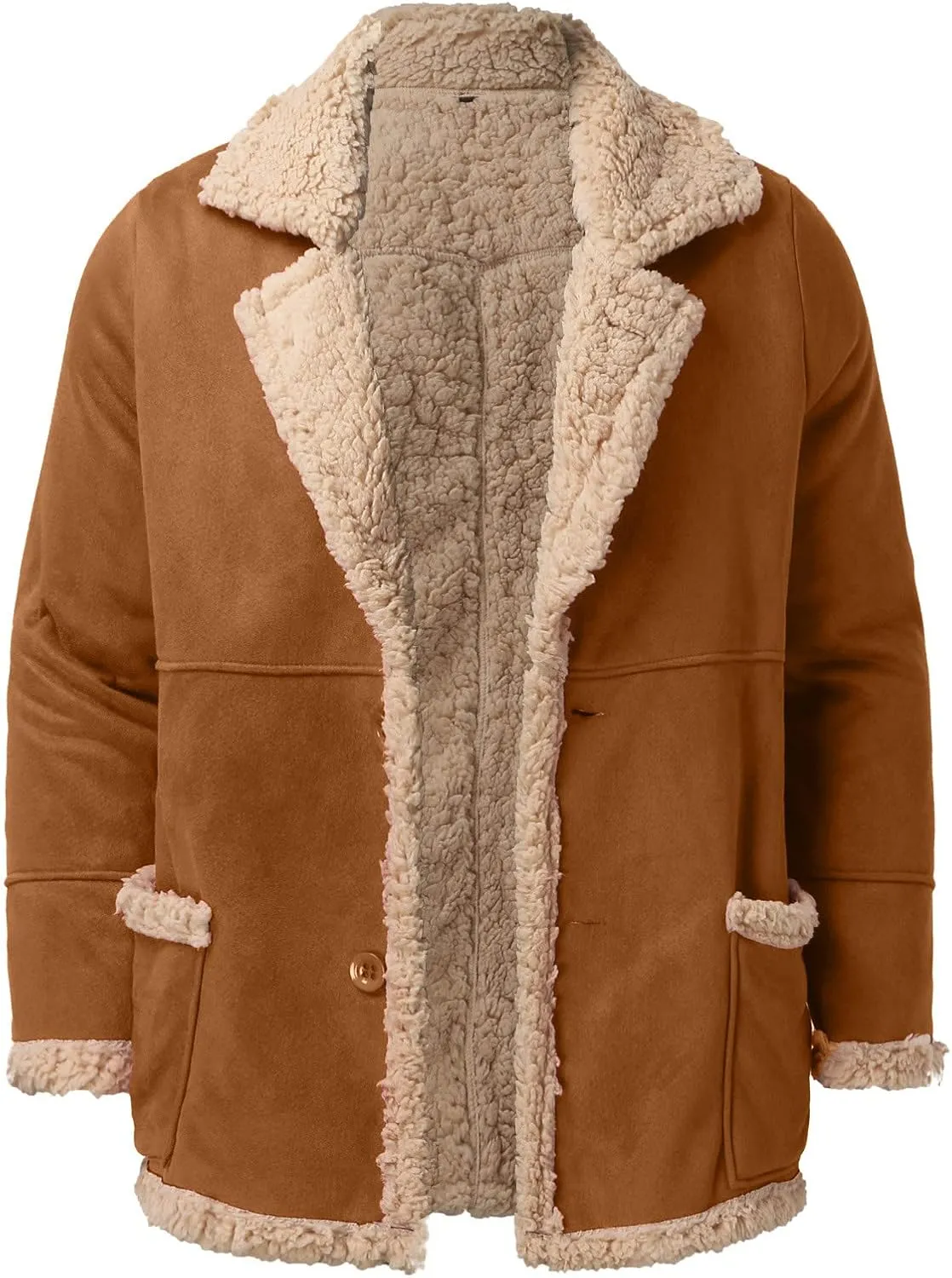 Mens Faux Shearling Jacket Suede Leather Crop Trench Coat Winter Sheepskin PU Leather Sherpa Lined Bomber Jacket