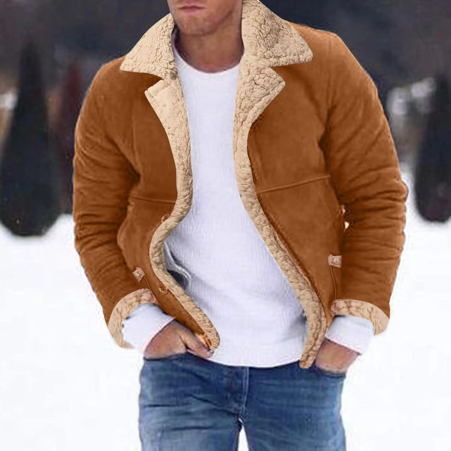 Mens Faux Shearling Jacket Suede Leather Crop Trench Coat Winter Sheepskin PU Leather Sherpa Lined Bomber Jacket