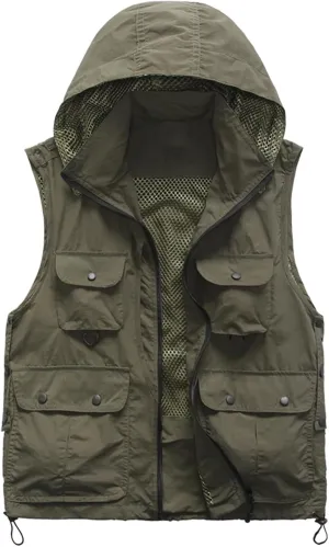 Men's Fishing Vests Outdoor Work Quick-Dry Hunting Zip Reversible Travel Hooded Vest Jackets with Multi Pockets
