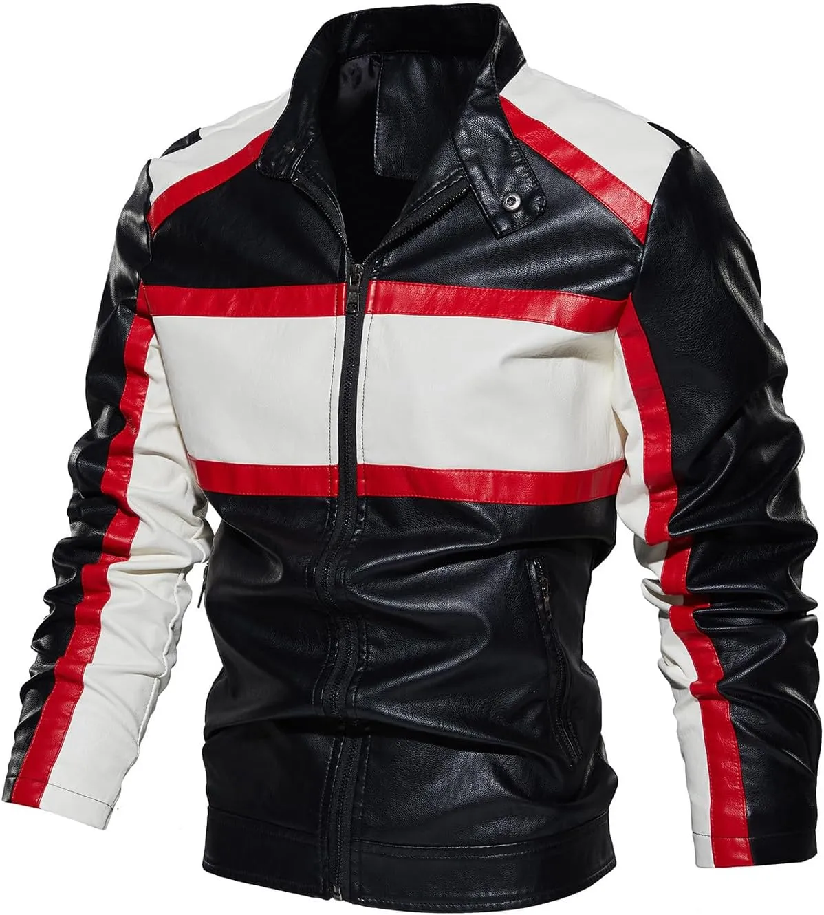 Mens Fitted Faux Leather Jackets Stand Collar PU Leather Motorcycle Zipper Coat Biker Bomber Jacket with Pockets