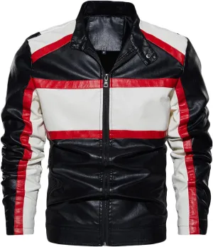 Mens Fitted Faux Leather Jackets Stand Collar PU Leather Motorcycle Zipper Coat Biker Bomber Jacket with Pockets