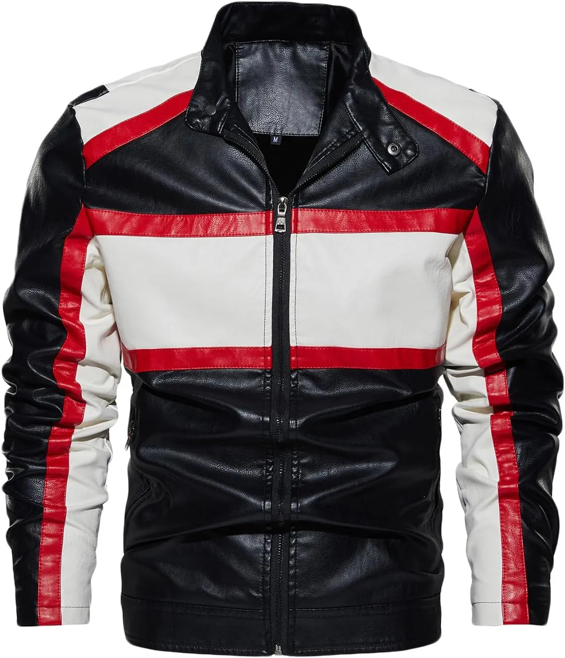 Mens Fitted Faux Leather Jackets Stand Collar PU Leather Motorcycle Zipper Coat Biker Bomber Jacket with Pockets
