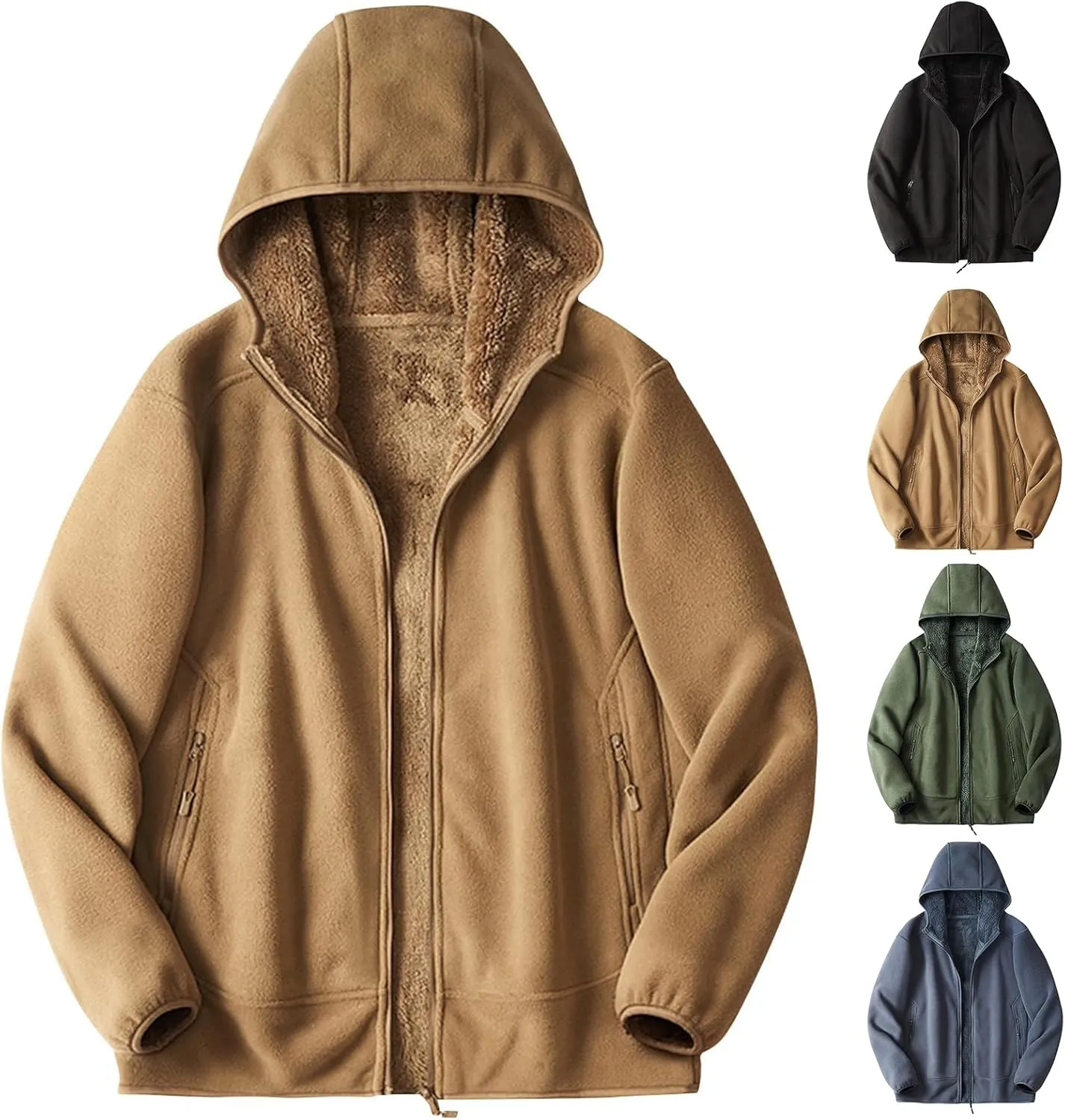 Men's Fleece Hoodie Polar Fleece Sherpa Lined Jacket Zip Up Thick Jacket Soft Warm Winter Coat Sweatshirt with Pocket