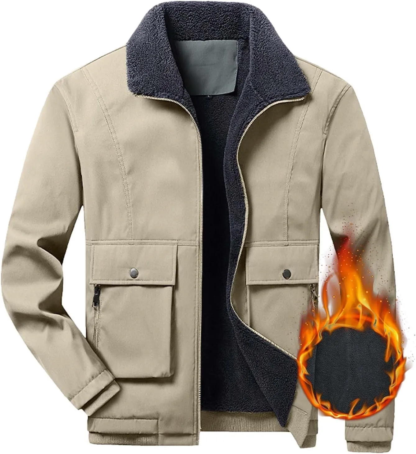 Men's Fleece Jacket Sherpa Lined Jackets Zip Up Relaxed Fit Men Winter Coat Quilted Active Jacket Windproof Workwear