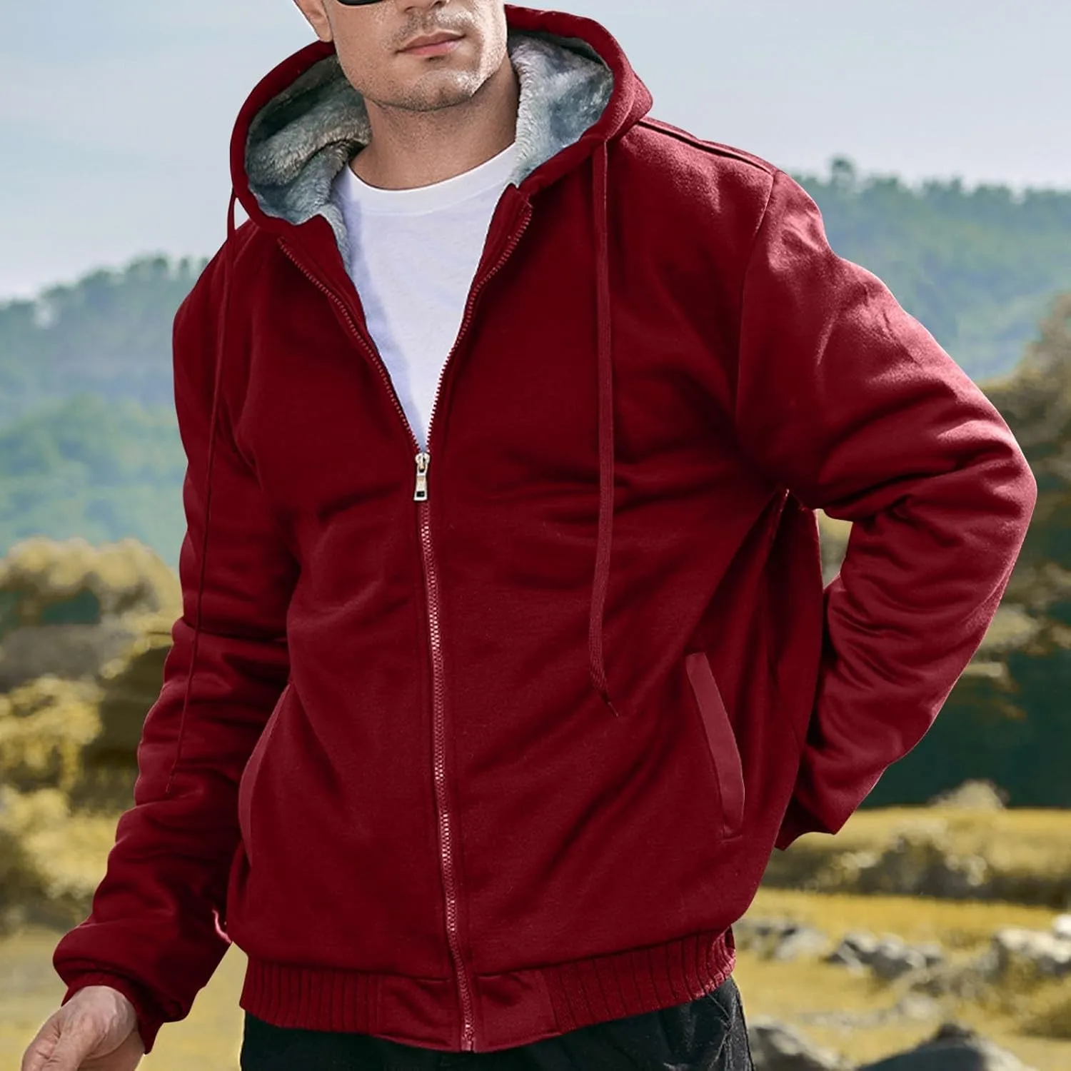 Mens Fleece Lined Warm Jackets Zip Up Hooded Track Jackets Color Block Furry Comfy Thermal Sherpa Winter Coats