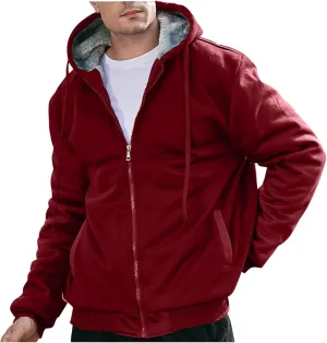 Mens Fleece Lined Warm Jackets Zip Up Hooded Track Jackets Color Block Furry Comfy Thermal Sherpa Winter Coats