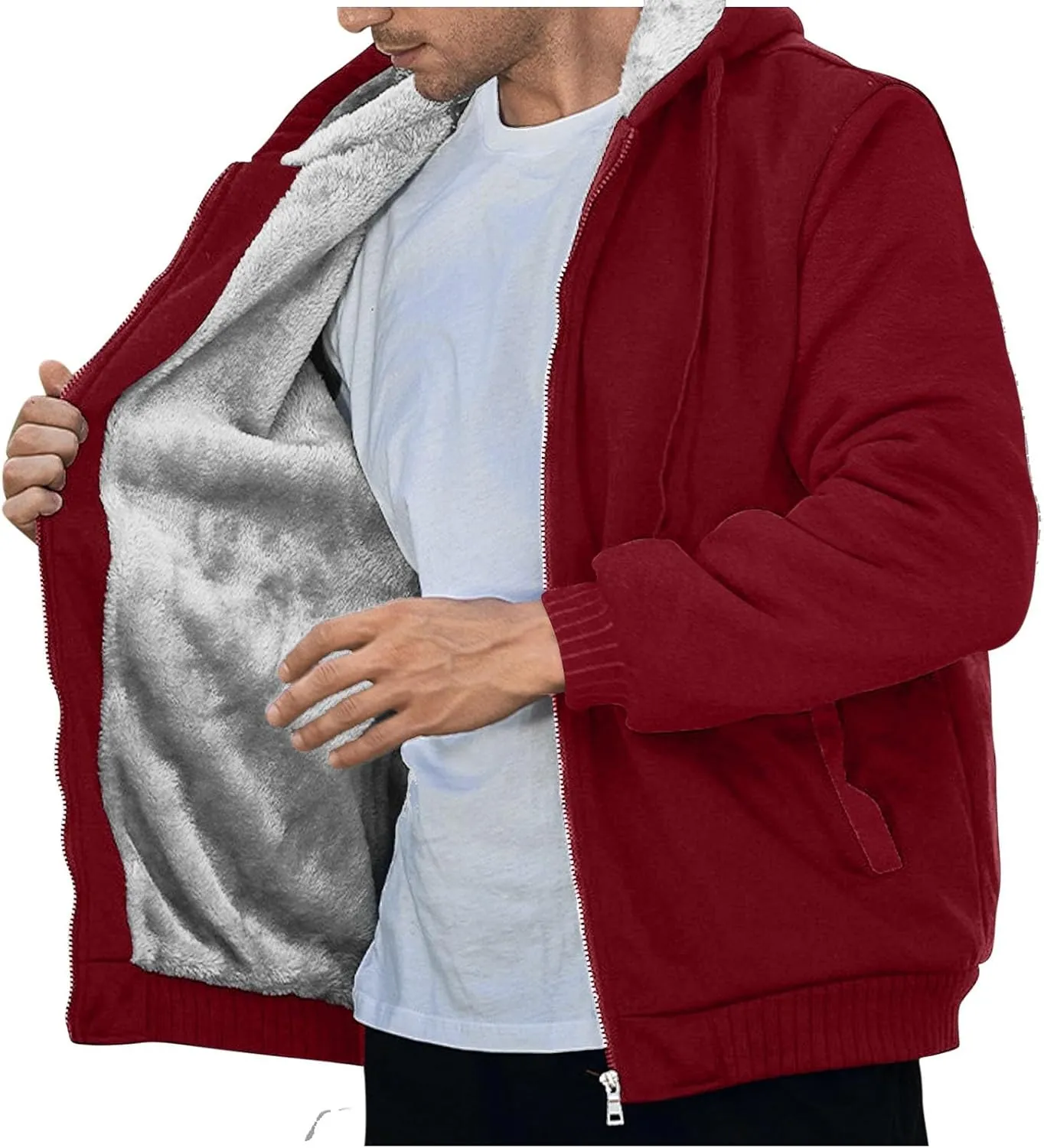 Mens Fleece Lined Warm Jackets Zip Up Hooded Track Jackets Color Block Furry Comfy Thermal Sherpa Winter Coats