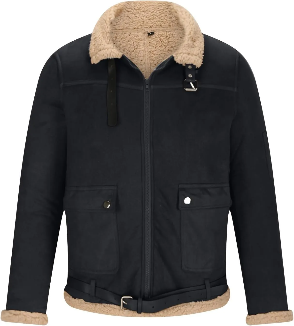 Men's Fleece Sherpa Bomber Coat Faux Leather Sherpa Fleece Lined Jackets Stand Collar Heavyweight Suede Faux Fur Trench-Coats