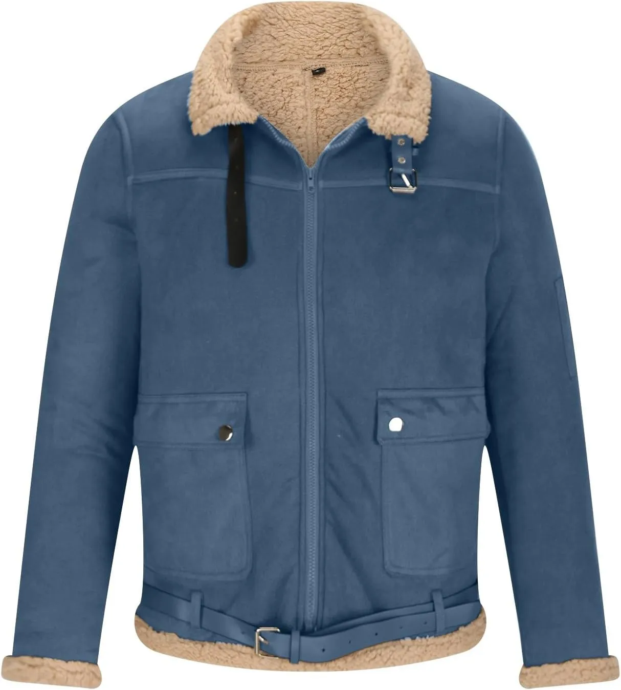 Men's Fleece Sherpa Bomber Coat Faux Leather Sherpa Fleece Lined Jackets Stand Collar Heavyweight Suede Faux Fur Trench-Coats