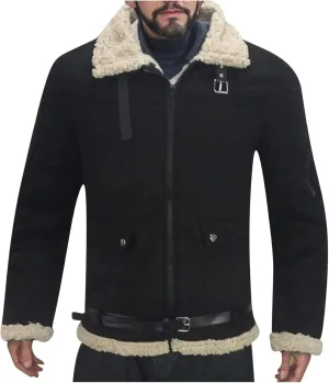 Men's Fleece Sherpa Bomber Coat Faux Leather Sherpa Fleece Lined Jackets Stand Collar Heavyweight Suede Faux Fur Trench-Coats