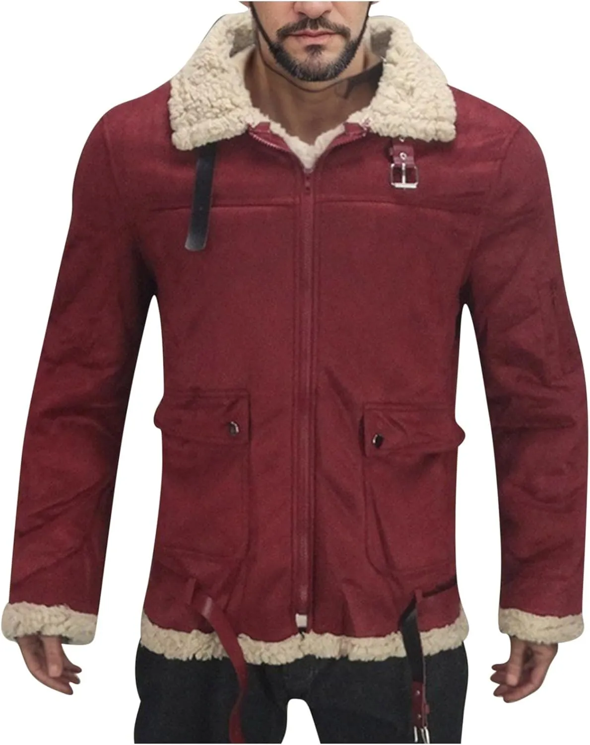 Men's Fleece Sherpa Bomber Coat Faux Leather Sherpa Fleece Lined Jackets Stand Collar Heavyweight Suede Faux Fur Trench-Coats