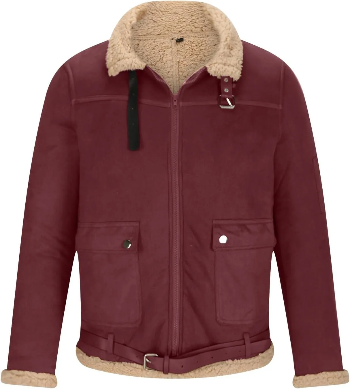 Men's Fleece Sherpa Bomber Coat Faux Leather Sherpa Fleece Lined Jackets Stand Collar Heavyweight Suede Faux Fur Trench-Coats
