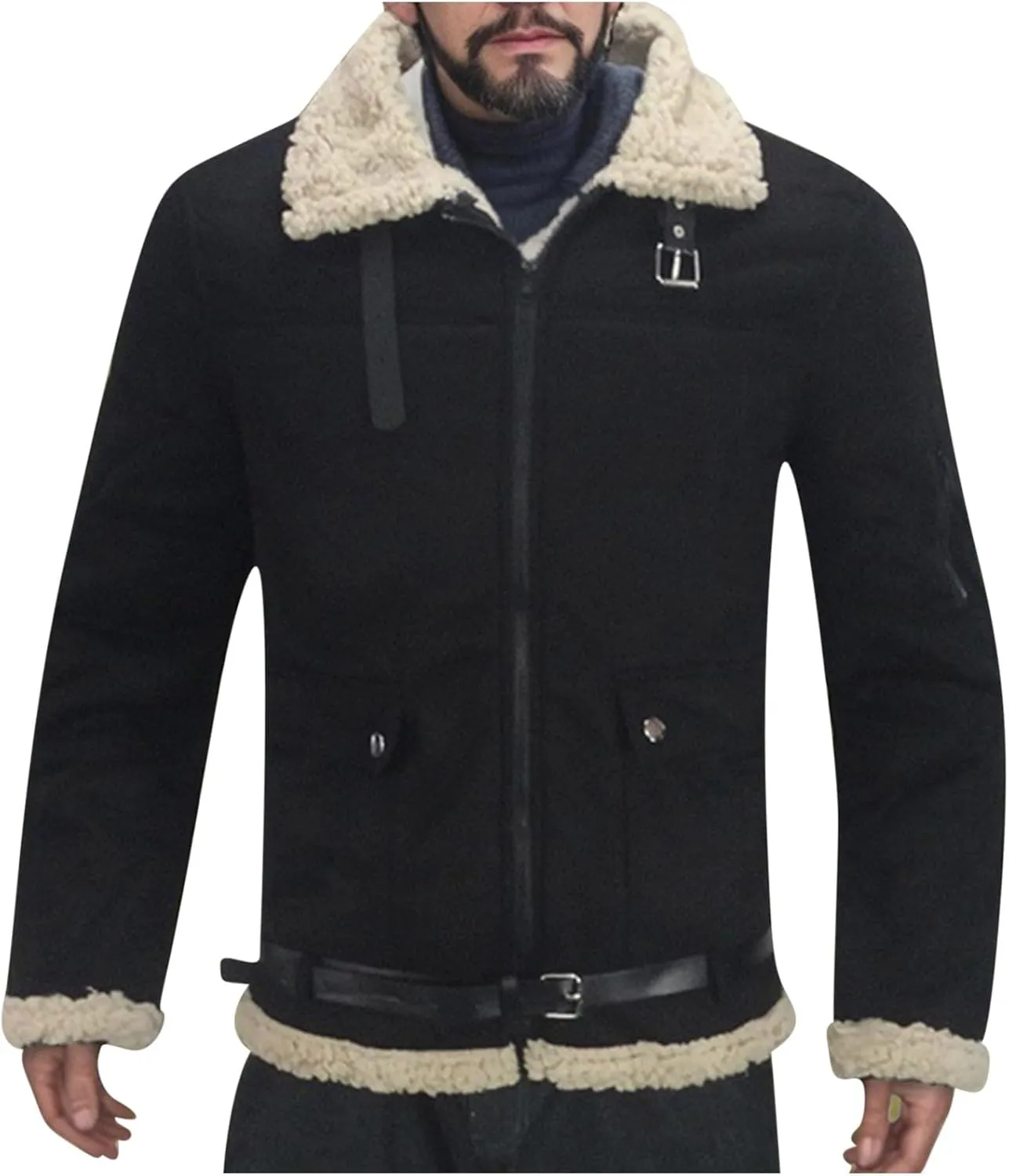 Men's Fleece Sherpa Bomber Coat Faux Leather Sherpa Fleece Lined Jackets Stand Collar Heavyweight Suede Faux Fur Trench-Coats