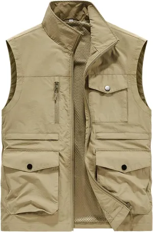 Mens Full-Zip Utility Work Vest Outdoor Sleeveless Softshell Jacket Multi-Pockets Cargo Vest for Fishing Photo Travel