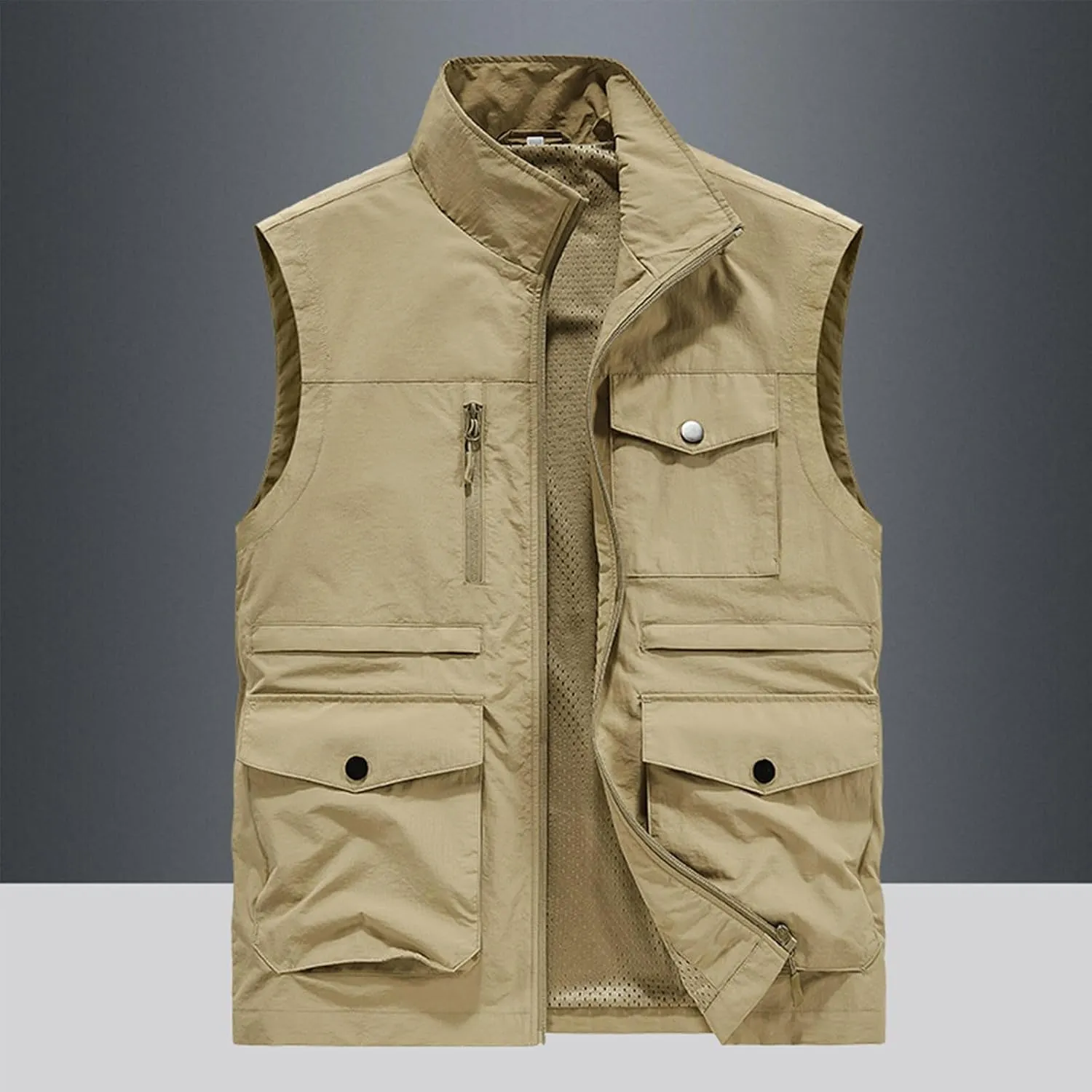 Mens Full-Zip Utility Work Vest Outdoor Sleeveless Softshell Jacket Multi-Pockets Cargo Vest for Fishing Photo Travel
