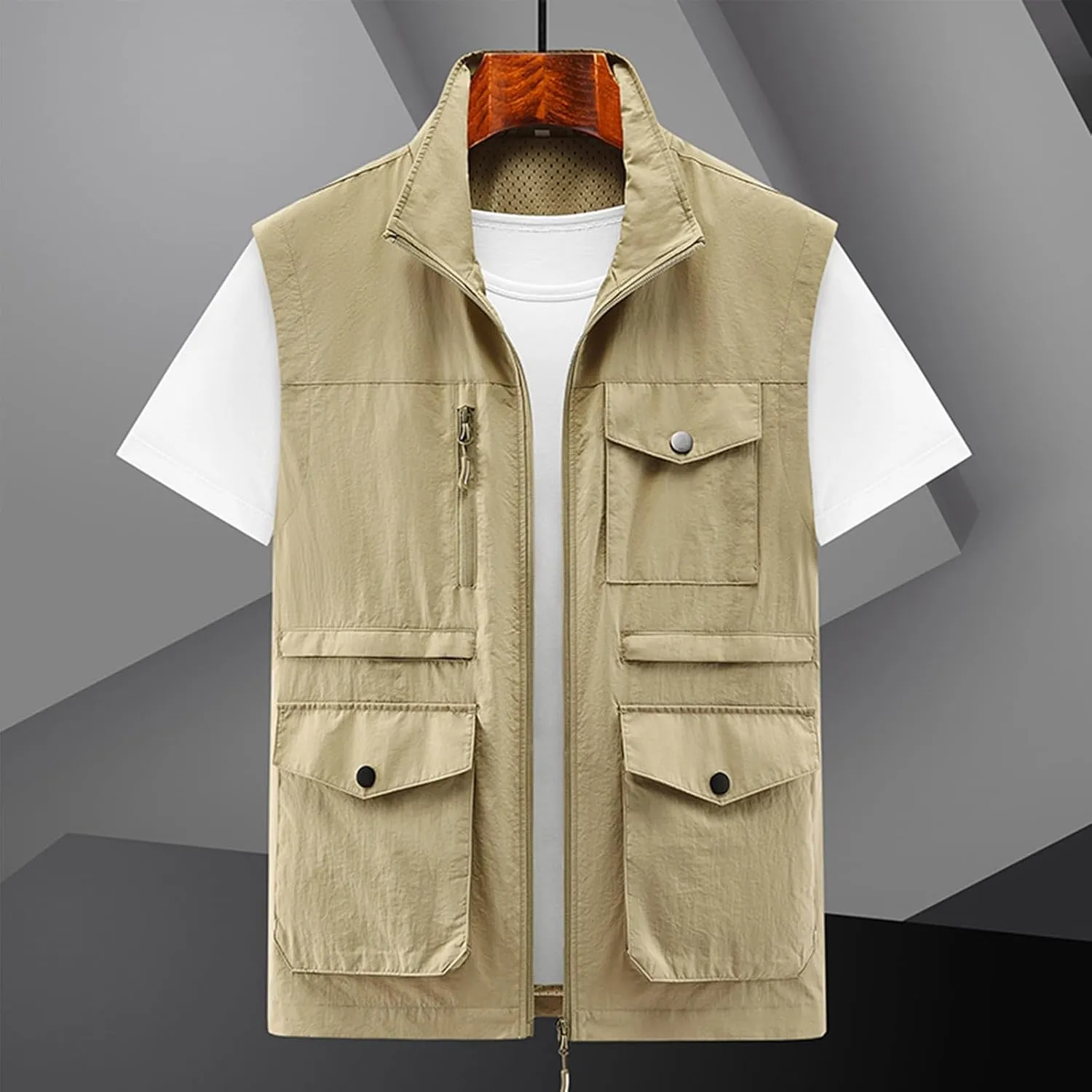 Mens Full-Zip Utility Work Vest Outdoor Sleeveless Softshell Jacket Multi-Pockets Cargo Vest for Fishing Photo Travel