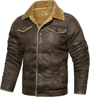 Men's Fur Collar Bomber Leather Jackets Faux Suede Aviator Bomber Jacket Sherpa Lined Jacket