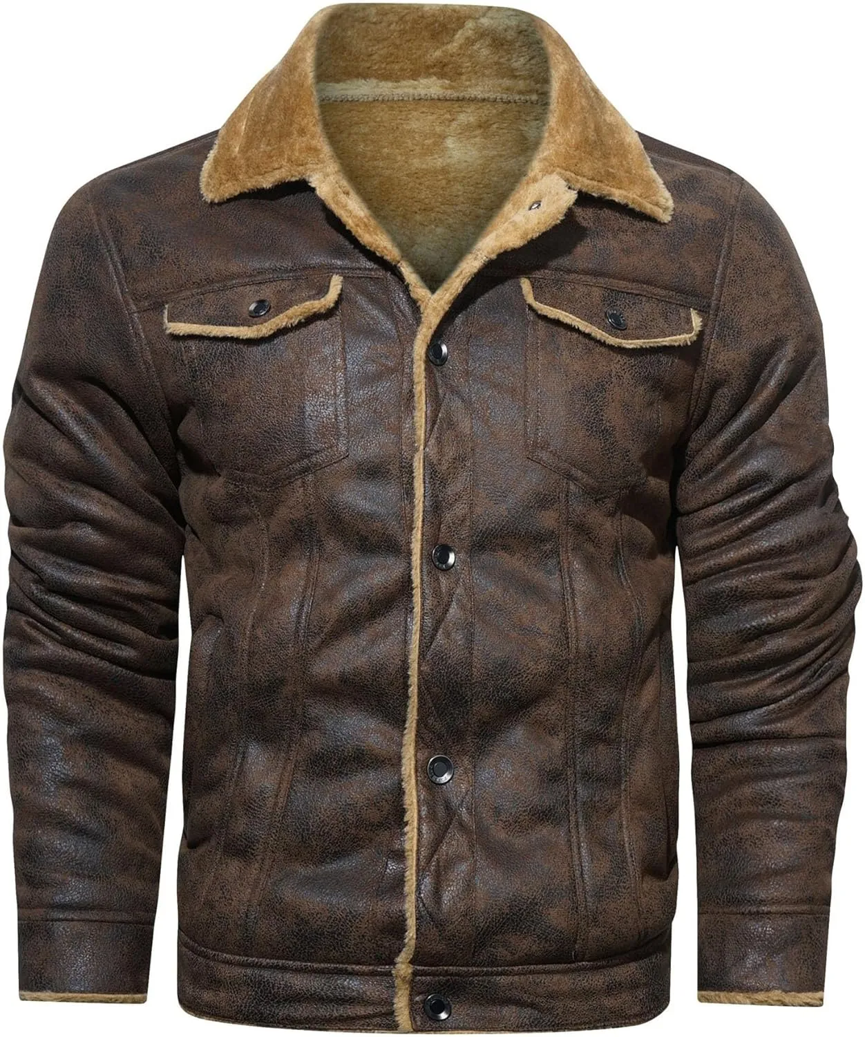 Men's Fur Collar Bomber Leather Jackets Faux Suede Aviator Bomber Jacket Sherpa Lined Jacket