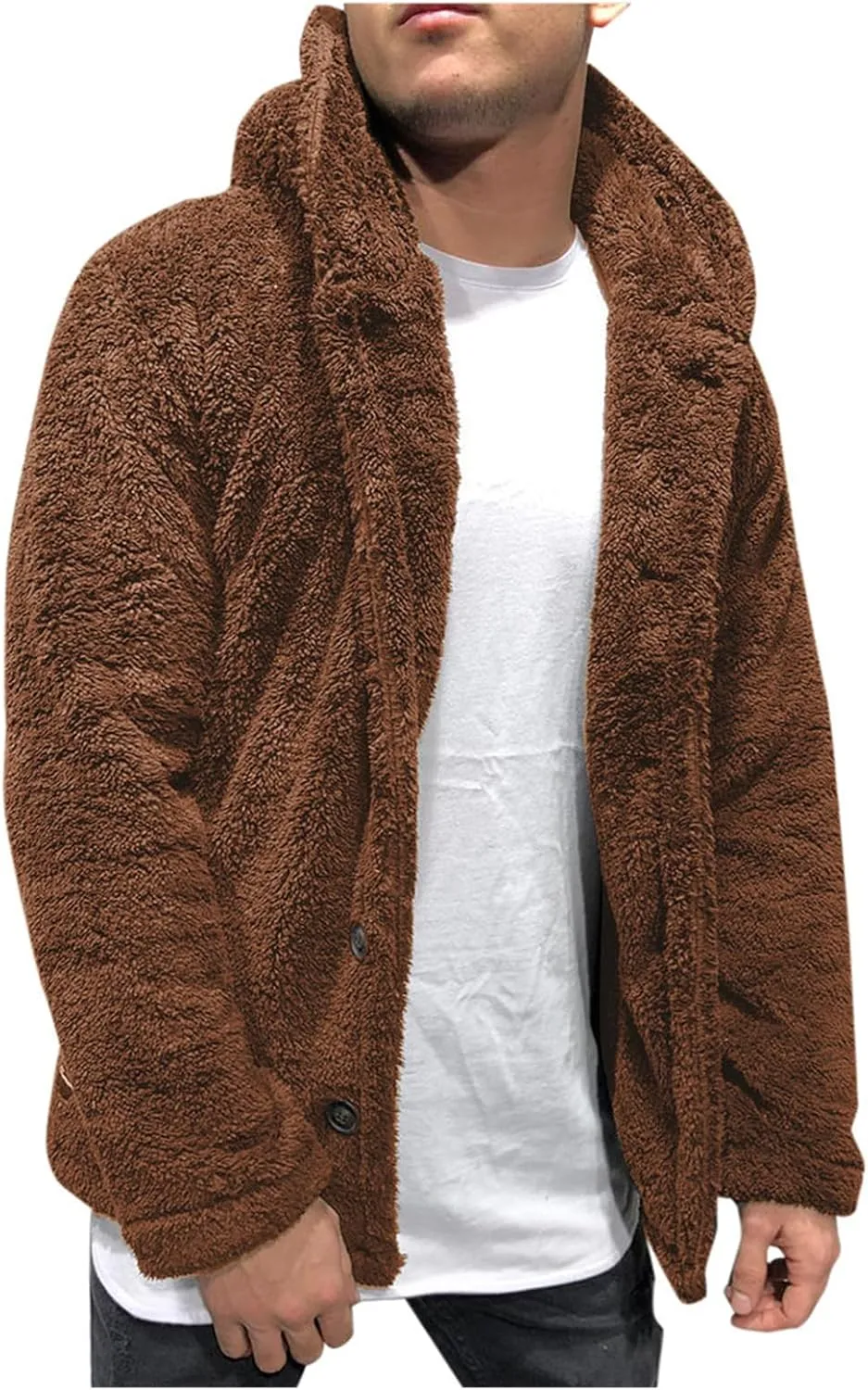 Mens Fuzzy Sherpa Cardigan Warm Thick Jacket with Fleece Hooded Open Front Fluffy Button Down Coat